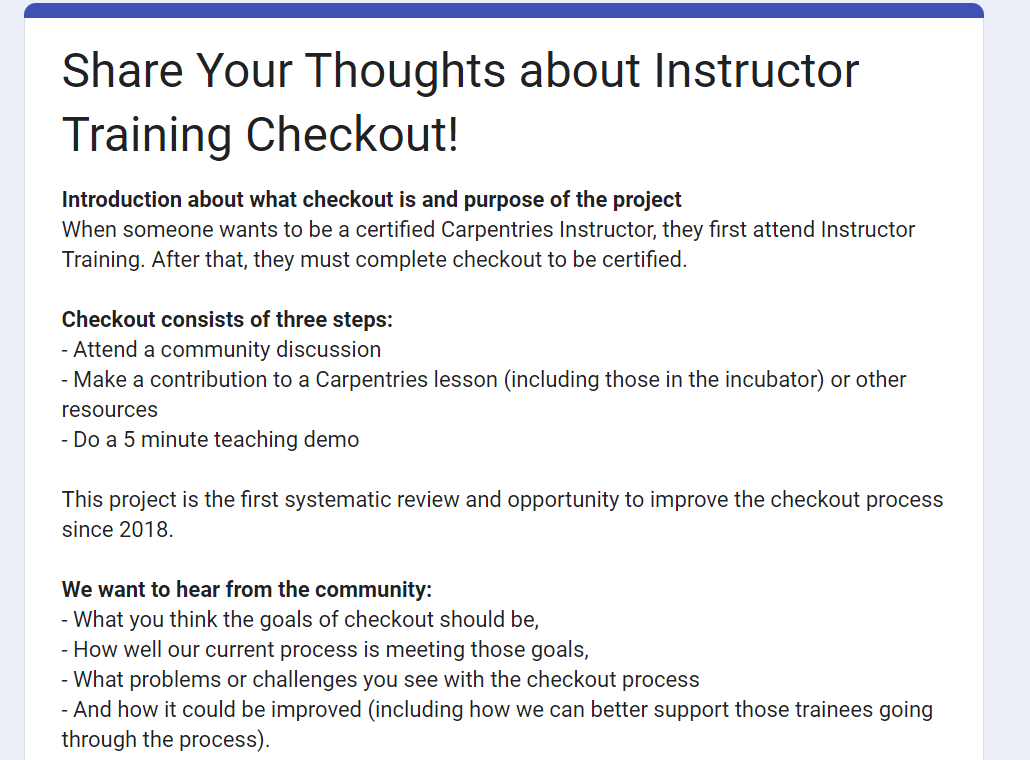 A screenshot of the Google Form titled “Share Your Thoughts About Instructor Training Checkout”