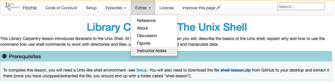 The “Instructor Notes” page is accessible from the “Extras” menu of a lesson site.