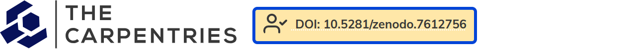 carpentries logo with a pale yellow badge with a blue border that says "DOI" with a doi number appended