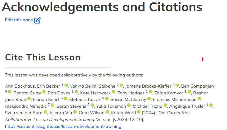 Screenshot of the Acknowledgements and Citations section of a lesson, with a Cite This Lesson page.