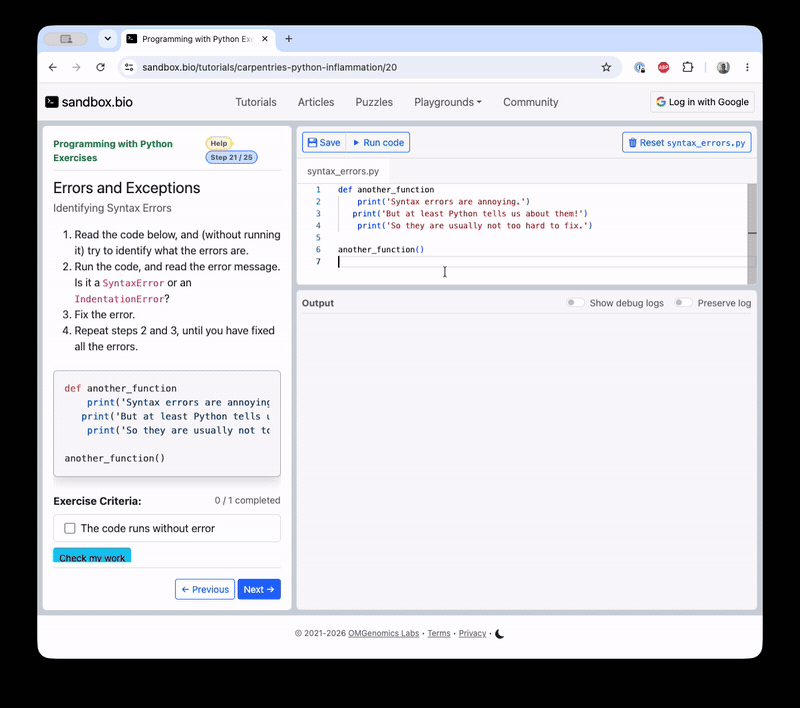 Debugging exercise animation