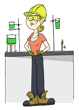 Helen Helmet, standing in front of a lab bench, wearing one of the helmets that she's about to test.