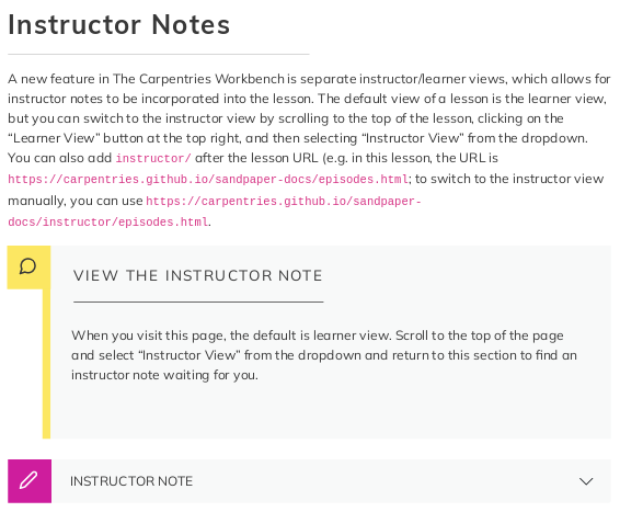 Screen capture of a section showing an embedded Instructor note which appears as a light grey rectangle spanning the page with a magenta box containing a white pencil icon on the left and a downward-pointing chevron on the right indicating that it contains content.