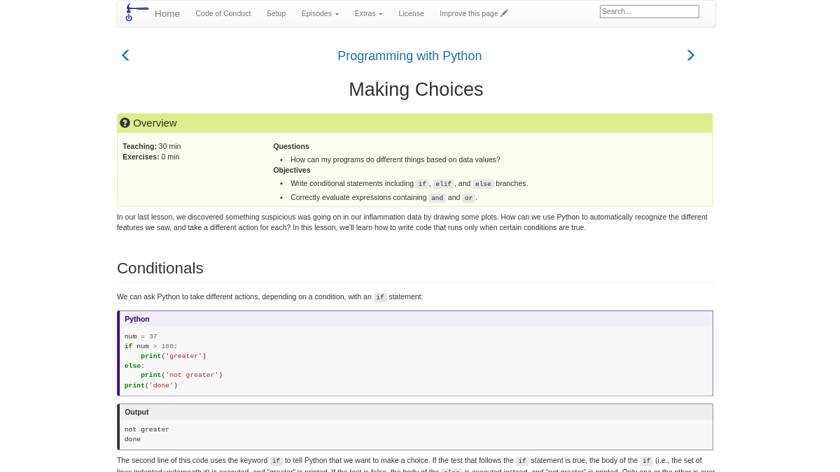 Screen capture of the 'Making Choices' episode in the Programming With Python lesson using The Carpentries Styles. It has a toolbar at the top with the episode title and a yellow box containing timings, questions, and objectives.
