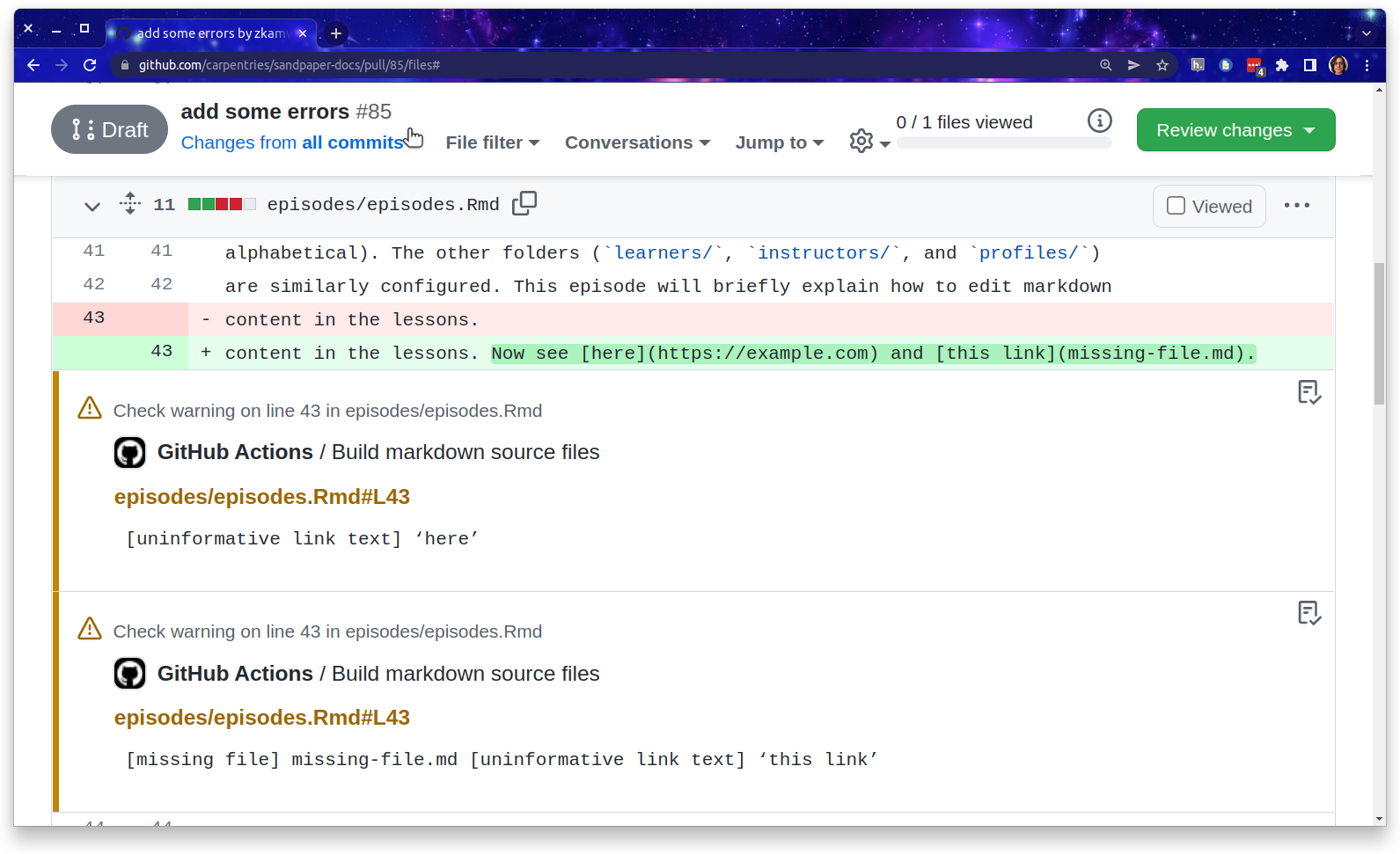 Screen capture of the 'files changed' tab of a pull request showing one line of text changed to include uninformative and missing links. Below the changed text are two alert boxes that show check warnings on that particular line of the file.