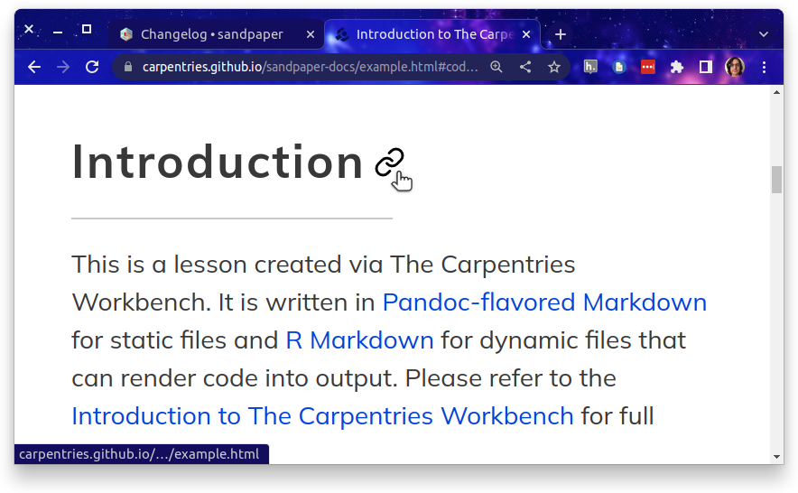Screenshot of a zoomed-in lesson website with a heading that says "Introduction". The mouse hovers next to it, revealing a chain link symbol.