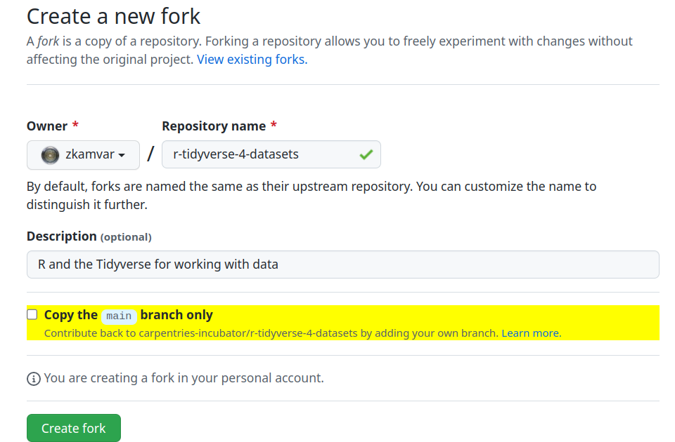screenshot of the 'create a new fork' page with the "Copy the main branch only" checkbox highlighted in yellow