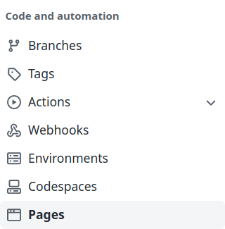 screenshot of sidebar with the title "code and automation" with the last item, "pages", highlighted