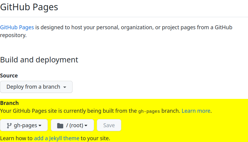 screenshot of GitHub pages form that shows the source as 'Deploy from a branch', the branch as 'gh-pages', the folder as 'root'