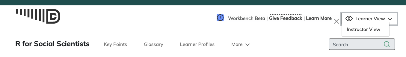 The Instructor View can be toggled from a dropdown menu at the top of any page of a lesson
