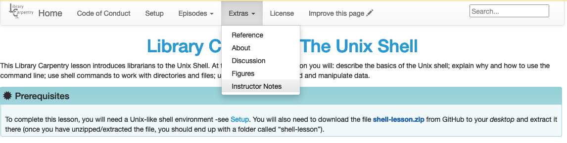 The "Instructor Notes" page is accessible from the "Extras" menu of a lesson site.