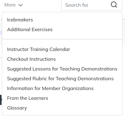 screenshot of a dropdown menu from "intstructor training" that is split
into two sections: one section for instructors and another with links for
learners
